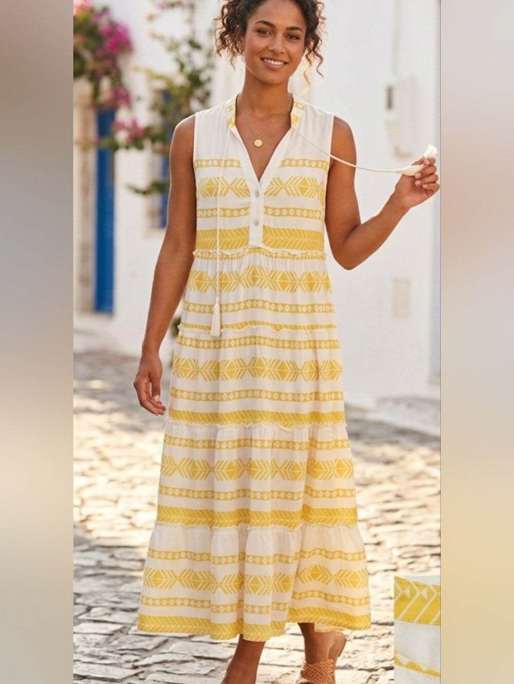 Attic Salt Brand.. Sleeveless Yellow & White Tiered Maxi Dress with V-Neck